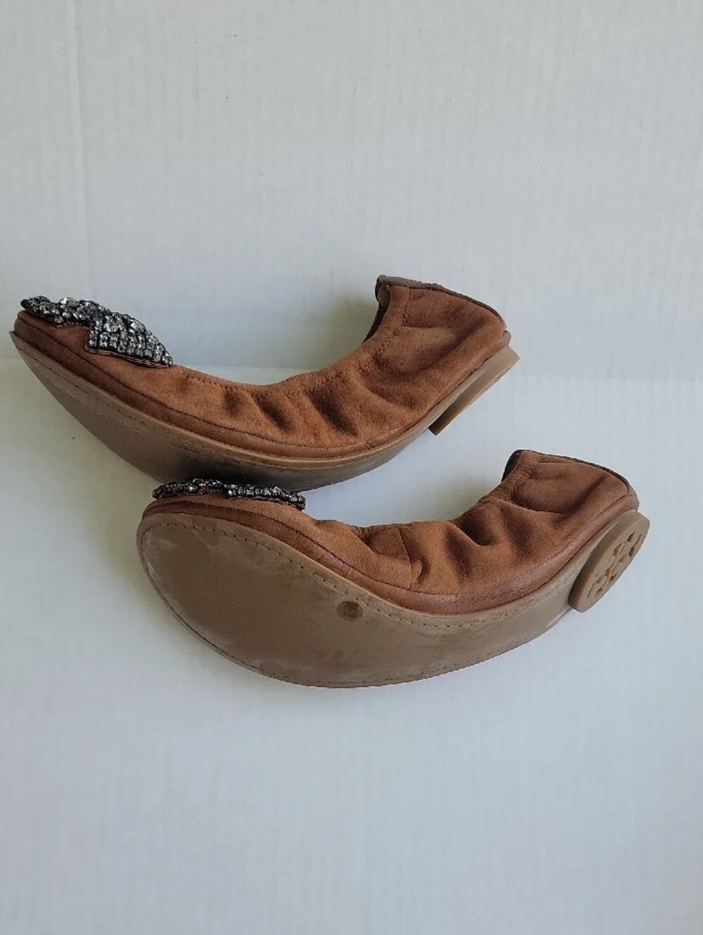 Tory Burch Brown Suede Ballet Flats with Crystal Bow
